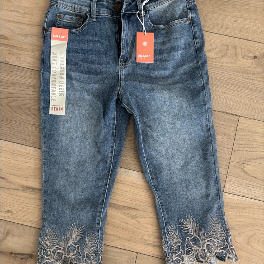 Lane Bryant Blue Cropped Jeans with Floral Embroidery